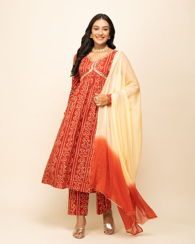 Orange Cotton Printed Sharara Suit Set