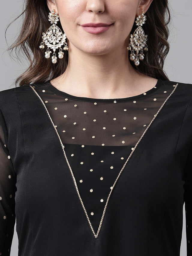 Black Crepe Printed Top With Bottom