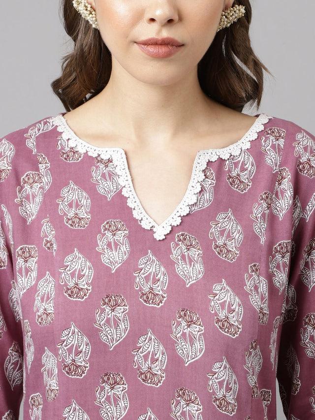 Purple Cotton Printed Top With Bottom