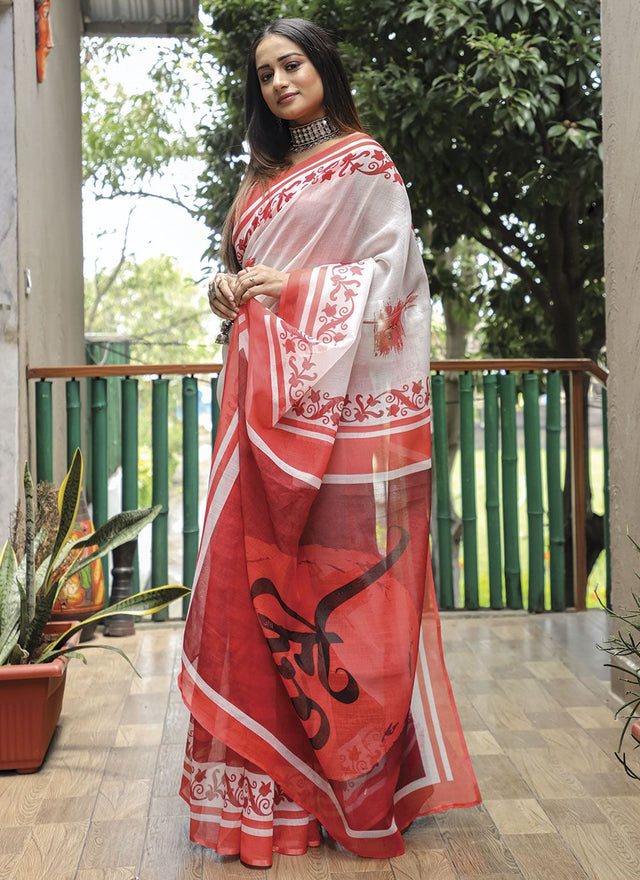 White Linen Digital Printed Saree