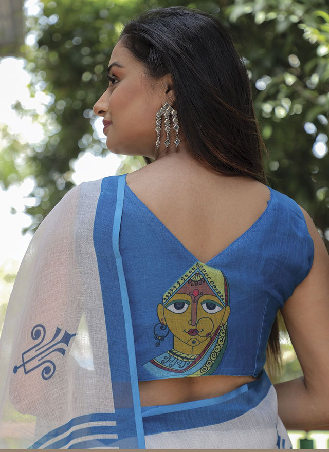 White Linen Digital Printed Saree