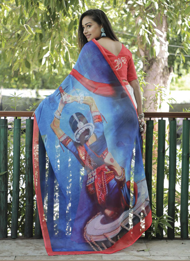 Blue Linen Digital Printed Saree