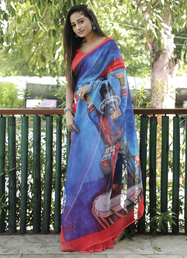 Blue Linen Digital Printed Saree