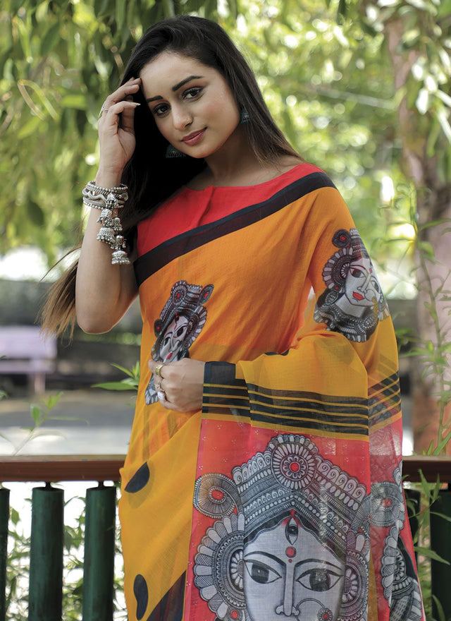 Yellow Linen Digital Printed Saree