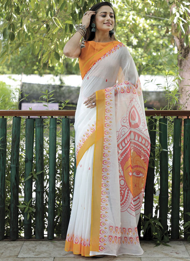 White Linen Digital Printed Saree
