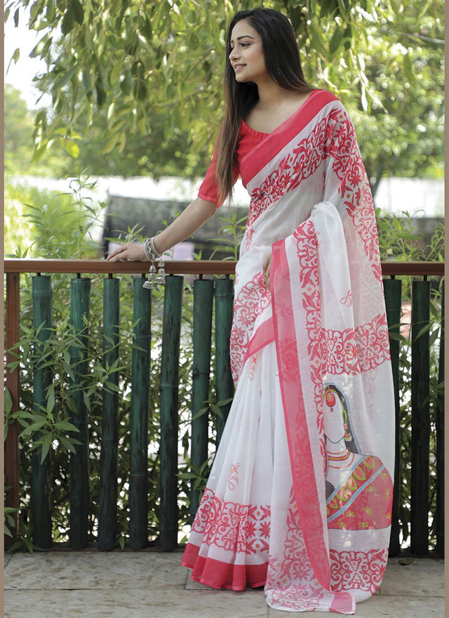 White Linen Digital Printed Saree
