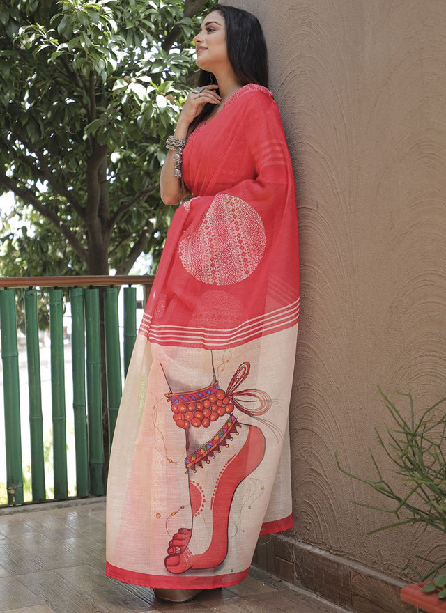 Pink Linen Digital Printed Saree