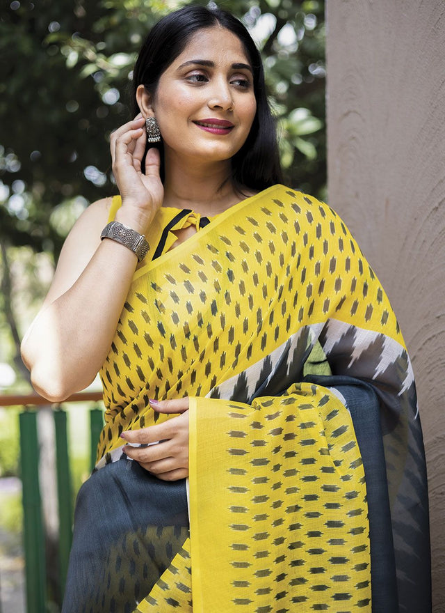Yellow Linen Digital Printed Saree