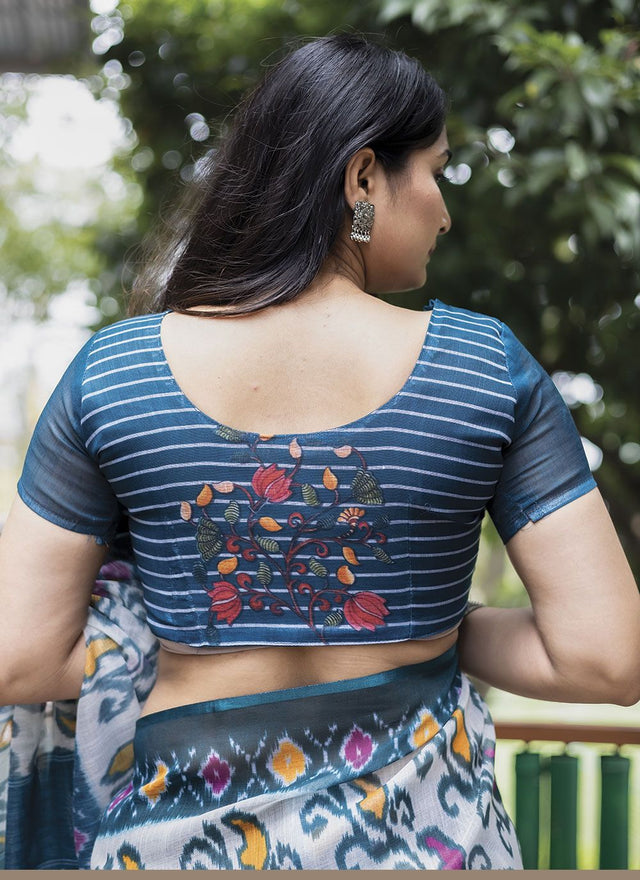 White Linen Digital Printed Saree