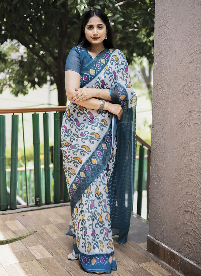 White Linen Digital Printed Saree