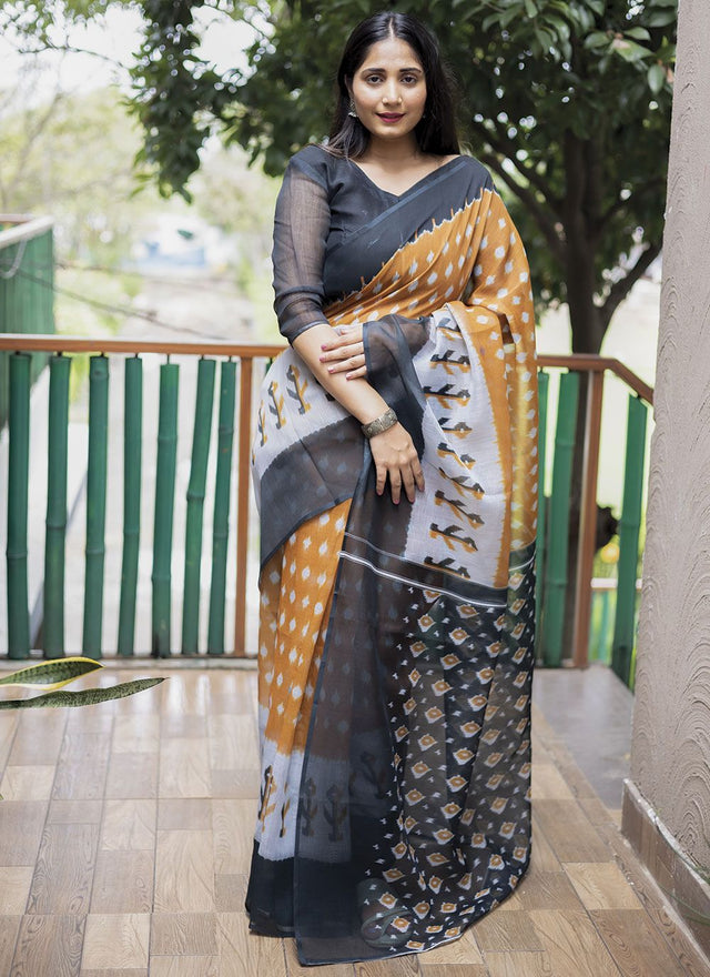 Mustard Linen Digital Printed Saree