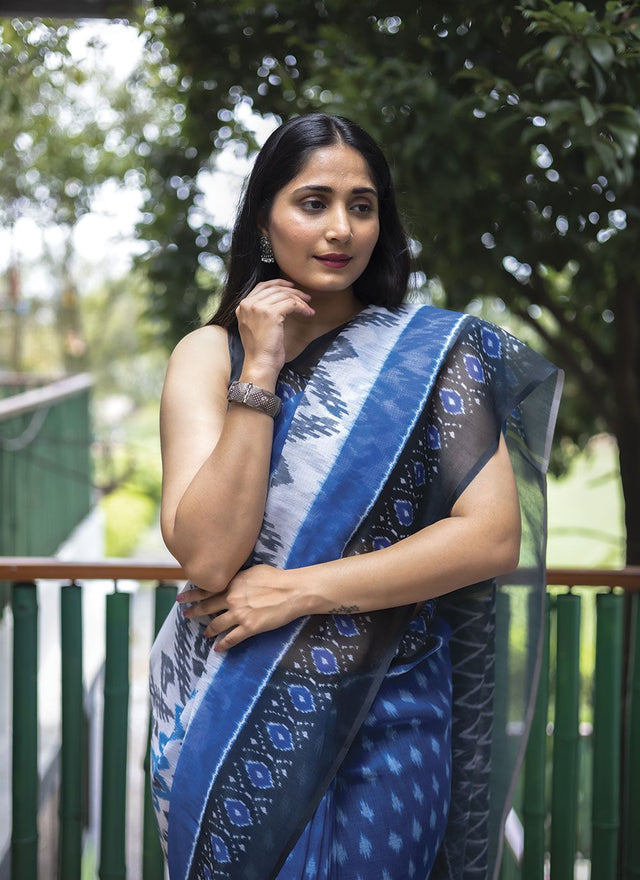 Blue Linen Digital Printed Saree