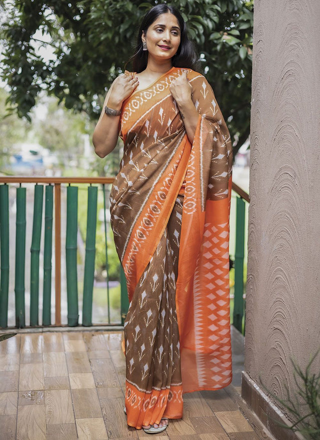 Brown Linen Digital Printed Saree