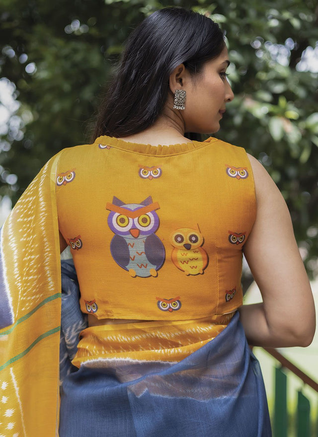 Blue Linen Digital Printed Saree