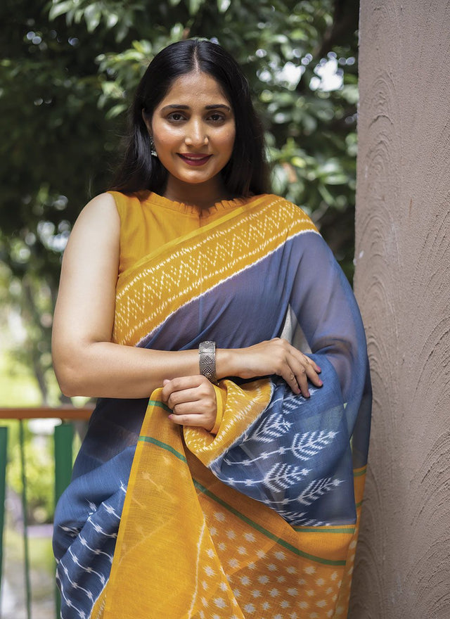 Blue Linen Digital Printed Saree