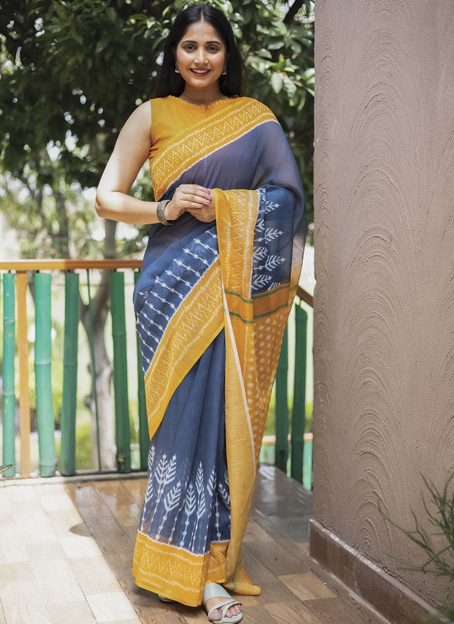 Blue Linen Digital Printed Saree