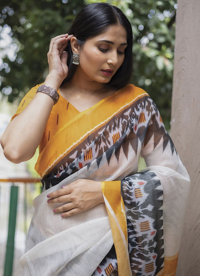 White Linen Digital Printed Saree