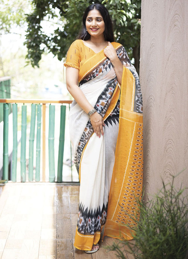 White Linen Digital Printed Saree