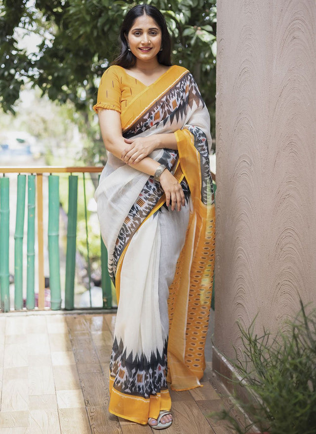 White Linen Digital Printed Saree