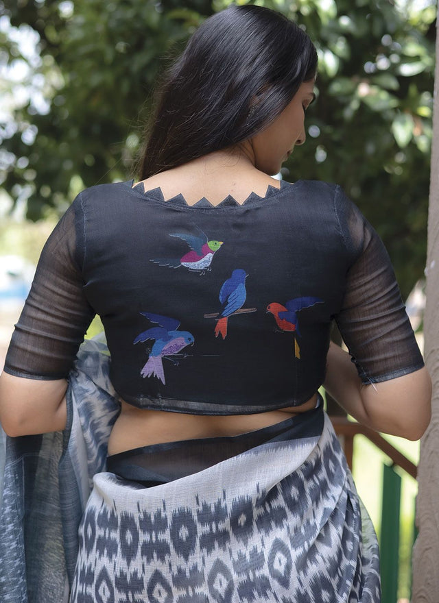 White Linen Digital Printed Saree