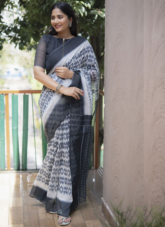White Linen Digital Printed Saree