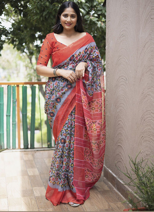 Grey Linen Digital Printed Saree