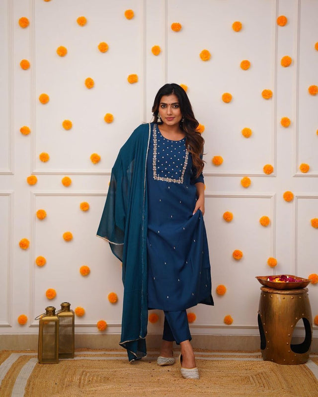 Blue Rayon Embroidered Kurti Pant Set