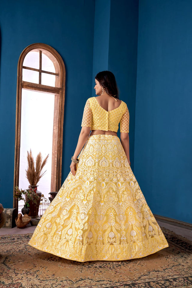 Yellow Net Embroidered Lehenga Choli With Dupatta