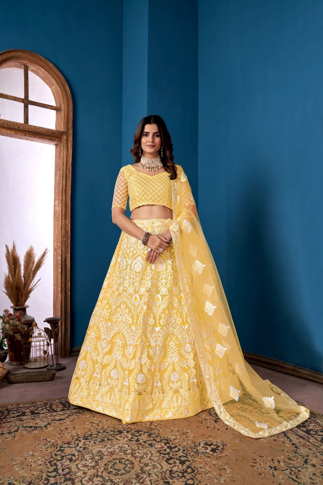 Yellow Net Embroidered Lehenga Choli With Dupatta