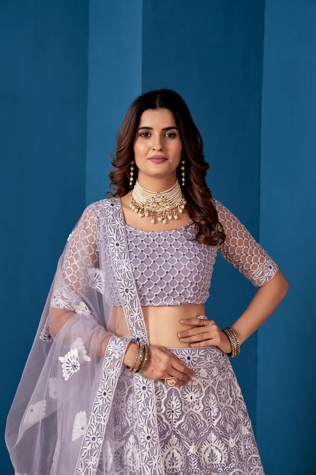 Grey Net Embroidered Lehenga Choli With Dupatta