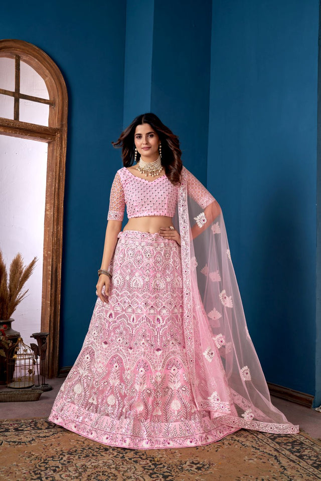 Pink Net Embroidered Lehenga Choli With Dupatta