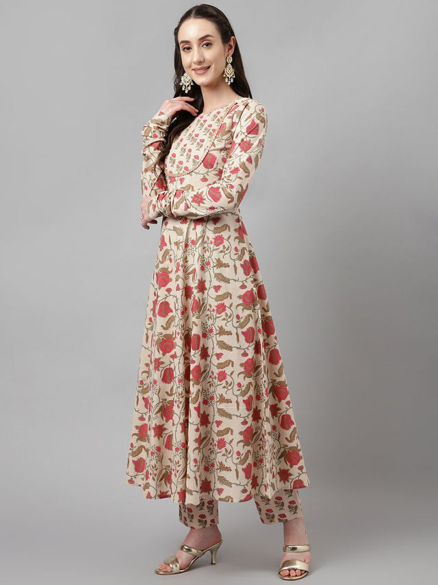 White Cotton Printed Anarkali Suit Set