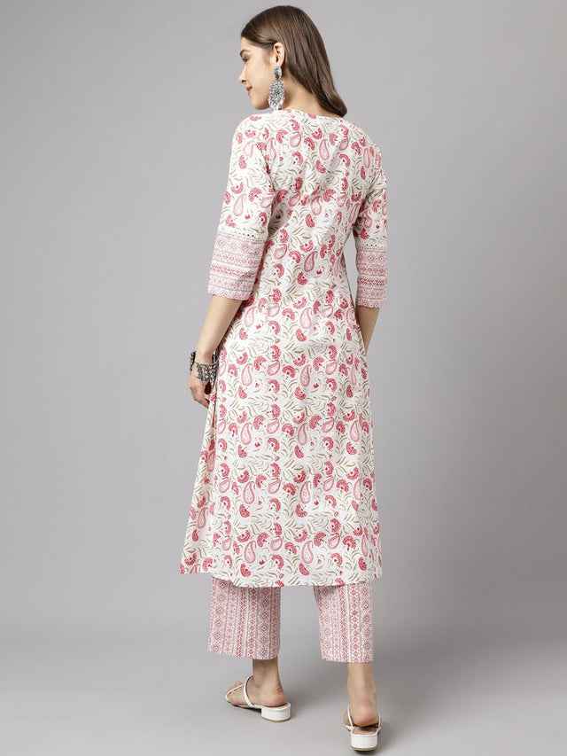 White Cotton Printed Kurti Pant Set