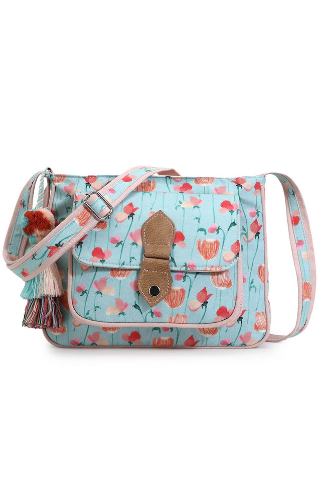 Rangoli Mint Green & Peach Polycotton Floral Digital Print Sling Bag