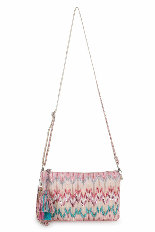 Pastel Pink And Multi Polycotton Tasseled Sling Bag