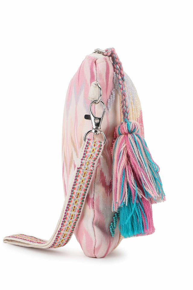 Pastel Pink And Multi Polycotton Tasseled Sling Bag