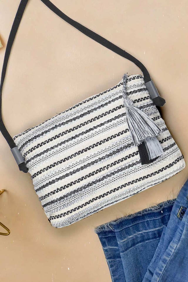 Geomat Black And Silver Canvas Striped Jacquard Sling Bag