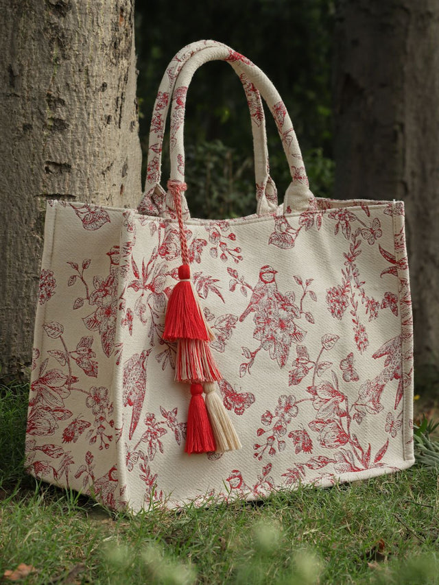 Jungle Natural And Wine Toile Jacquard Cotton Hand Bag