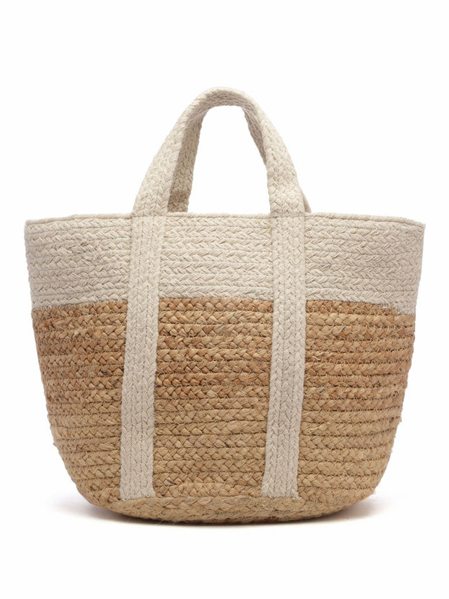 Sisal Baked Beige And White Color Blocked And Embellished Jute Hand Bag