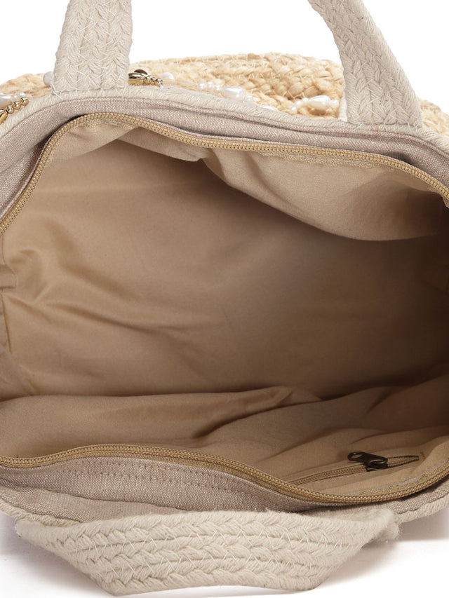 Sisal Baked Beige And White Color Blocked And Embellished Jute Hand Bag