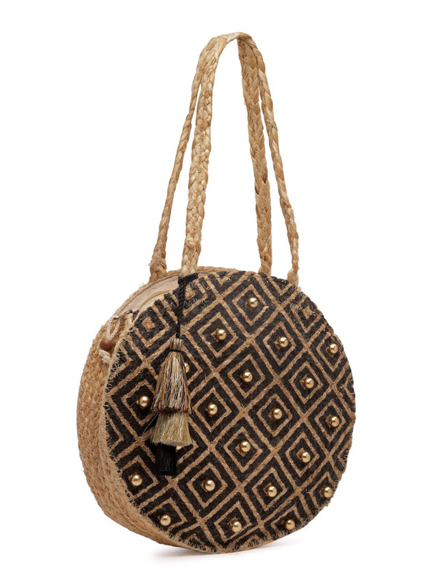 Sisal Baked Beige And Black Harlequin Printed And Embellished Jute Shoulder Bag