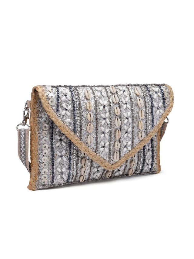 Sisal Silver And Baked Beige Striped And Embellished Jute Sling Bag