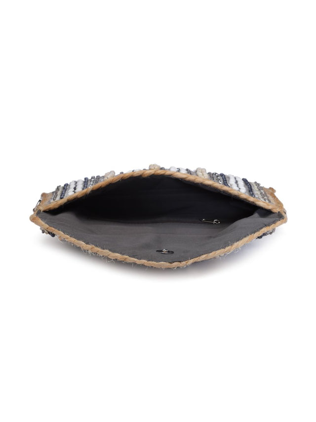 Sisal Silver And Baked Beige Striped And Embellished Jute Sling Bag