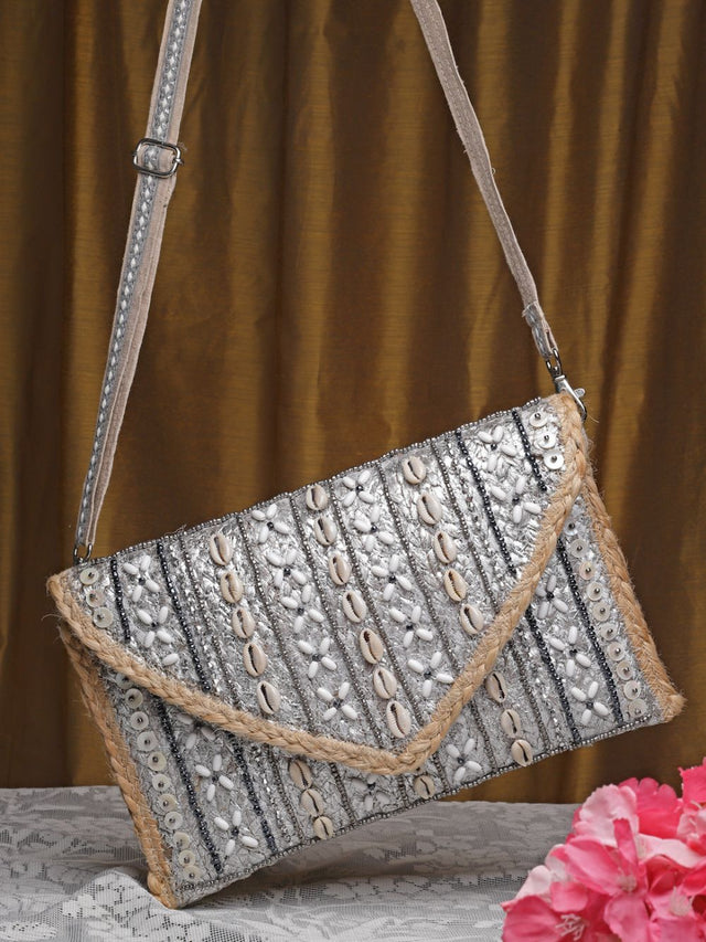 Sisal Silver And Baked Beige Striped And Embellished Jute Sling Bag