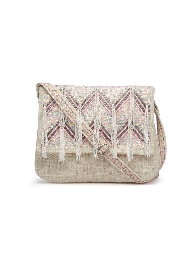 Kooky Natural And Pink Boohoo Chevron Embellished Handloom Cotton Canvas Sling Bag