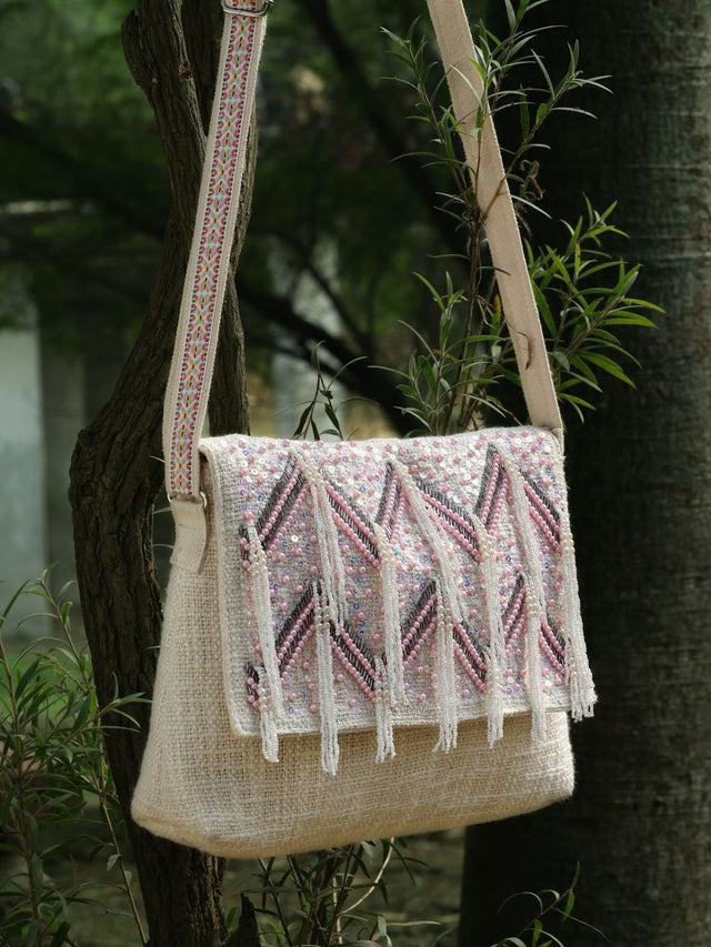 Kooky Natural And Pink Boohoo Chevron Embellished Handloom Cotton Canvas Sling Bag