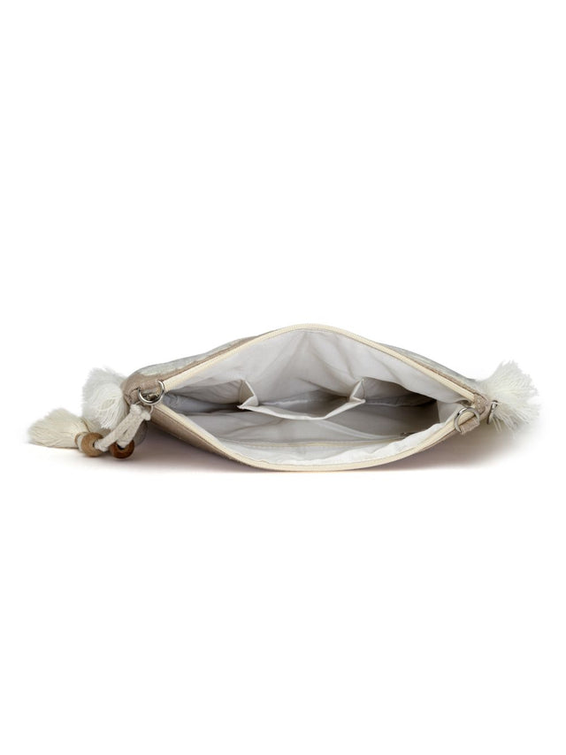 Kooky Beige And White Boohoo Quirky Embroidered Cotton Sling Bag