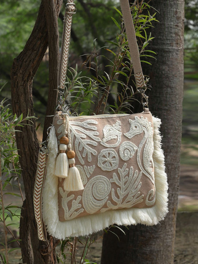 Kooky Beige And White Boohoo Quirky Embroidered Cotton Sling Bag