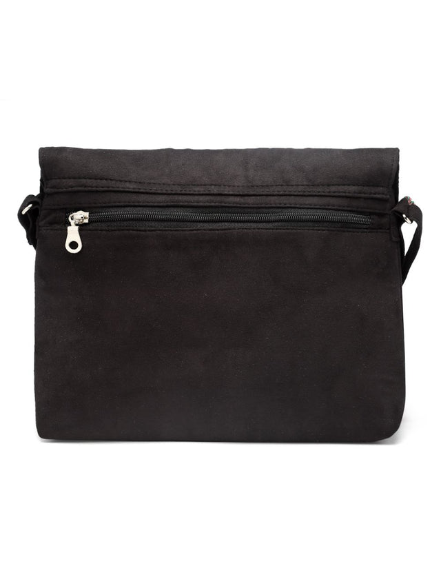 Lush Black And Multi Floral Embroidered Suede Sling Bag