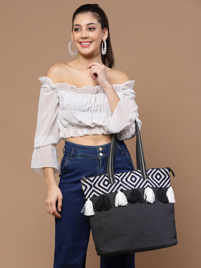 Kooky Black And White Boohoo Jacquard Handloom Cotton Canvas Tote Bag